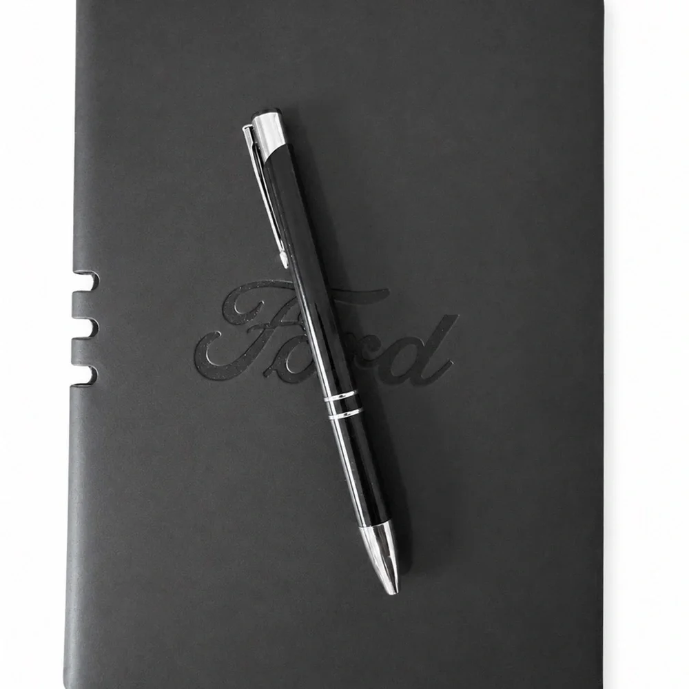 Ford Black Notebook, Gray Felt Travel Wallet with Lanyard, and Pin